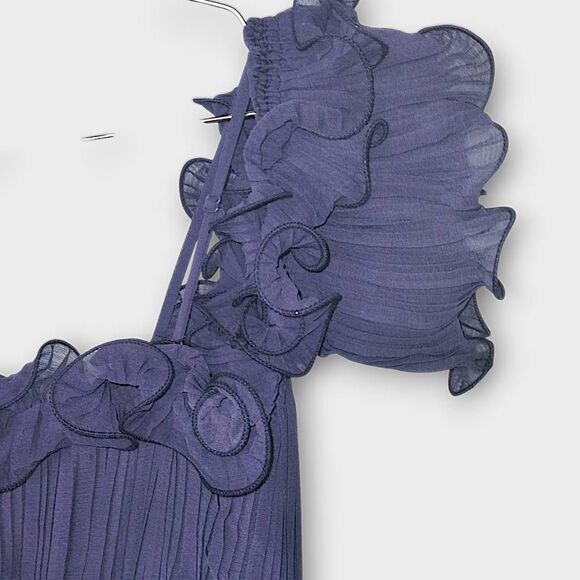 Just Me Womens Maxi Sz M Navy Off-Shoulder Ruffle Tiered Dress Gown Wedding Prom - Picture 12 of 16